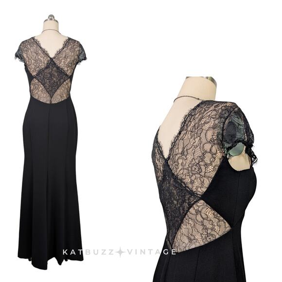 BCBG Lace Maxi Dress Prom Gown 10 Black Sleeve Y2K Empire Sheath Glam Classic - Picture 2 of 8